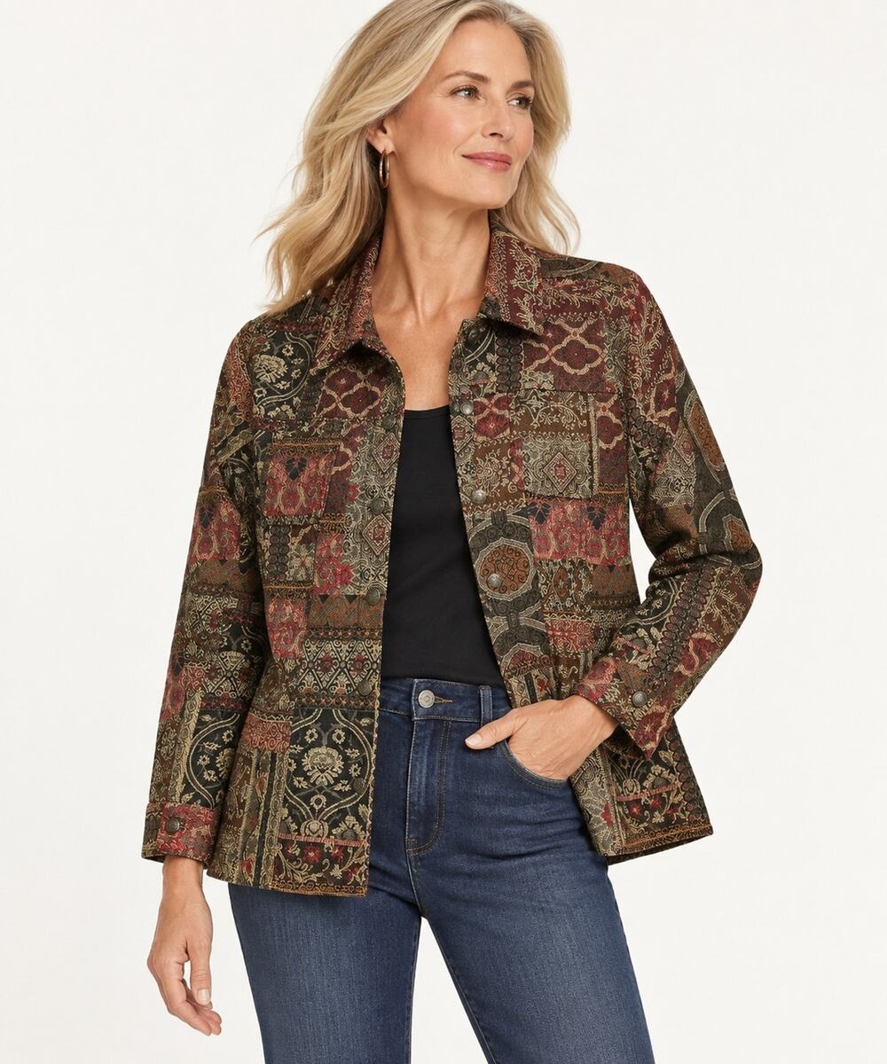 Chico's Jacket Womens 2 US L Brown Brocade Pockets Tapestry Button Up Boho